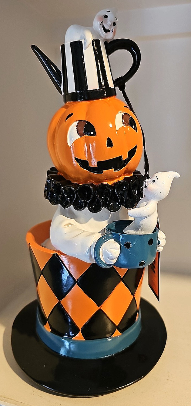 Ghoulish Pumpkin In Top Hat Holding Cup W/ Ghost & Ghost On Top Halloween Decor